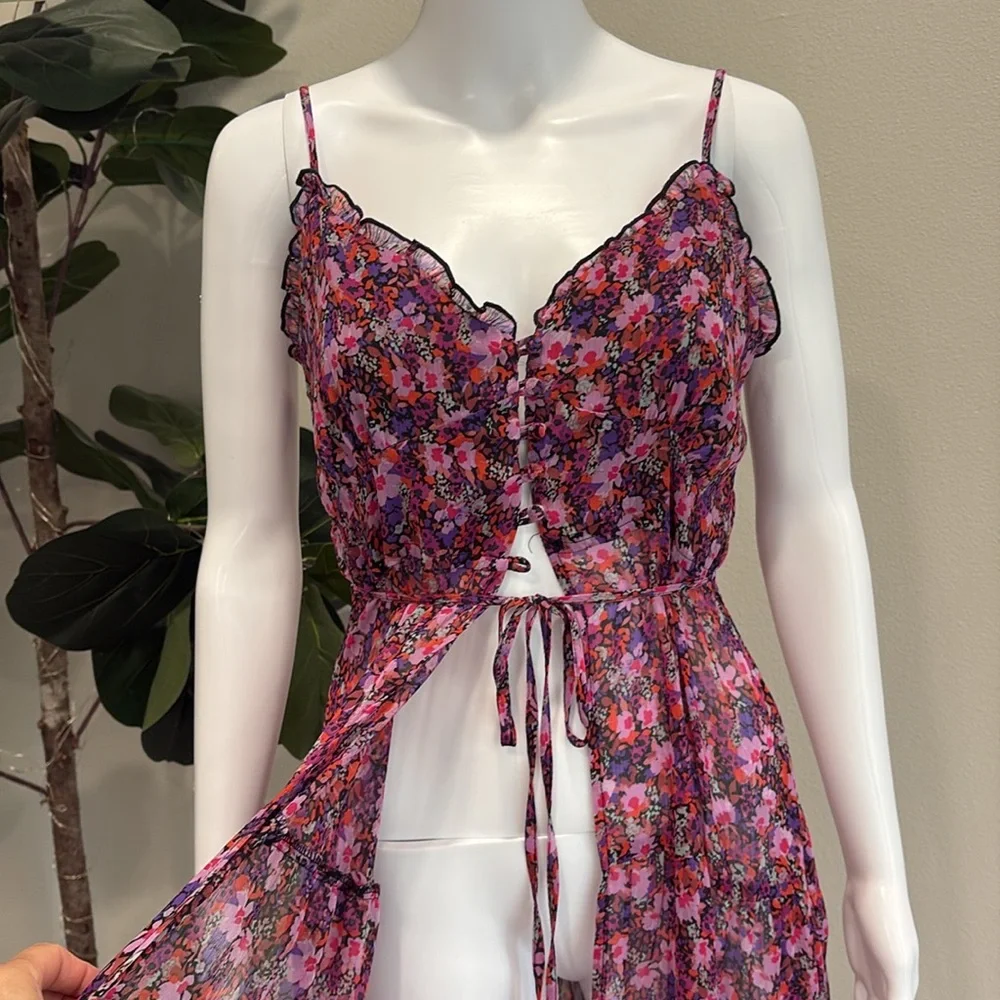 Lulus Sheer Floral Slipdress Size Small Button Front Tiered Ruffle Maxi Dress - Picture 5 of 15